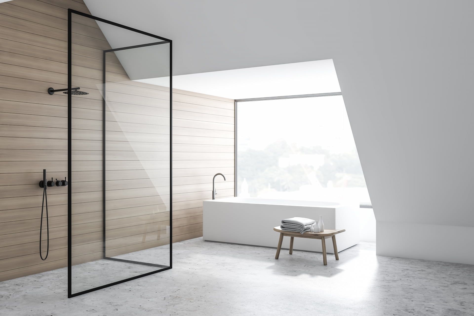 Ein Luxusbadezimmer mit einer Holzwand