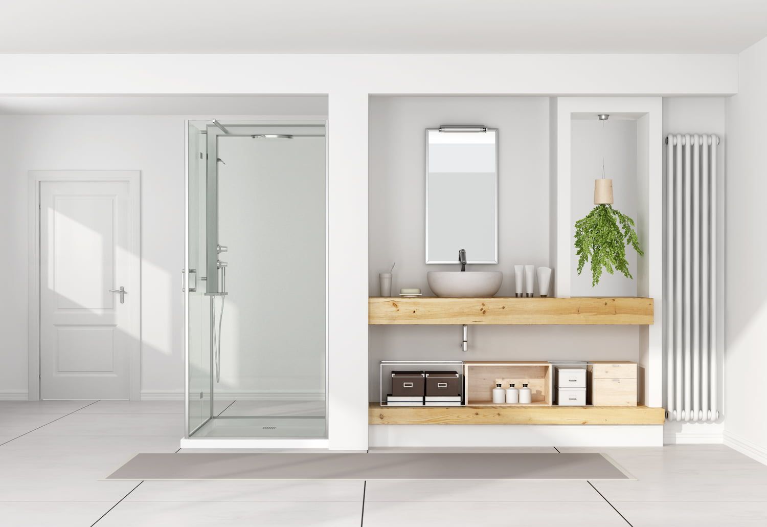 Ein helles Badezimmer mit Dusche